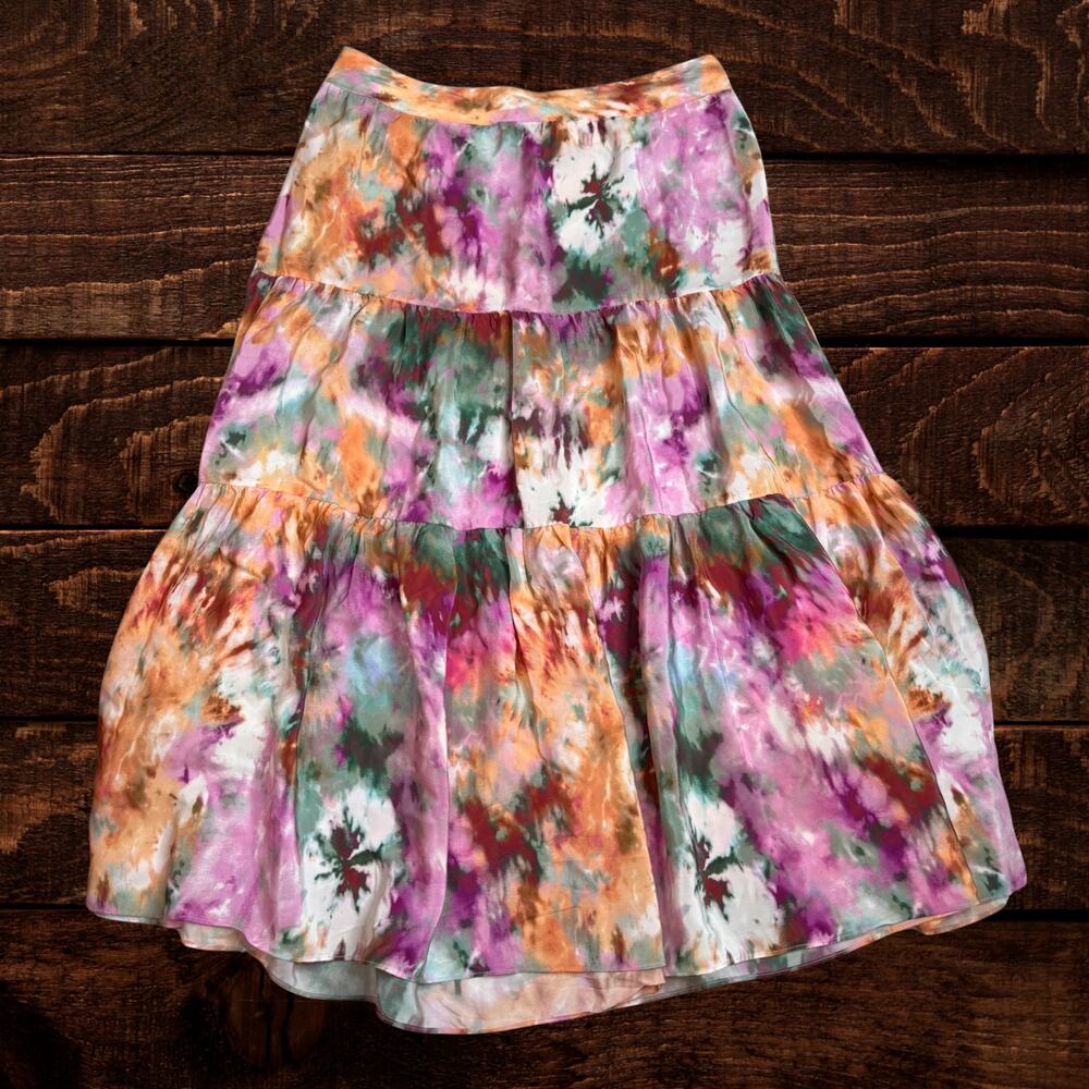 Anthropologie Kachel 100% Silk Abstract Tie-Dye Tiered Midi Skirt Size 10 - Picture 3 of 9